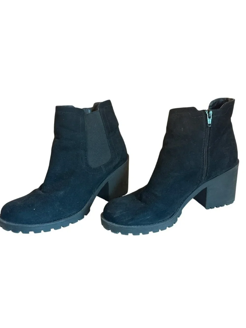 Sun + Stone Black Suede Ankle Boots Size 10 Chunky Lug Sole & Side Zippers
